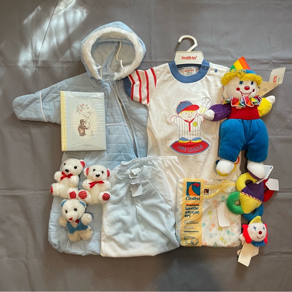 Baby Boy Vintage Bundle Clown Plushies, Photo Album, Baseball Outfit, 3 Bears